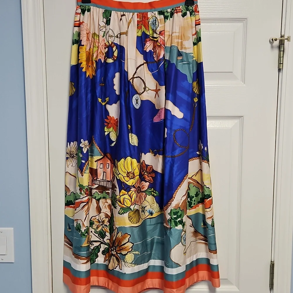 ANTONIO MELANI Evie‎ Cotton A-line Maxi Skirt: Ocean Print: Size-14